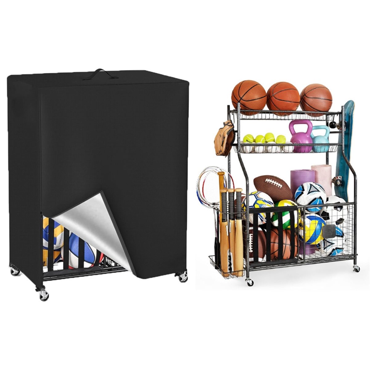 غطاء رف كرة السلة، غطاء منظم ا - مراجعة Sports Equipment Organizer Rack وسعره